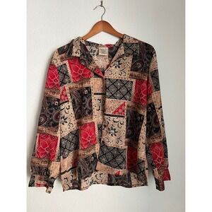 Allison Daley Petites‎ Top Patchwork Print Blouse Shirt Long Sleeve Women's